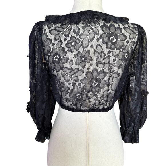 For Love & Lemons Black Floral Lace Puff Sleeve Crop Top Size Small - Picture 3 of 10